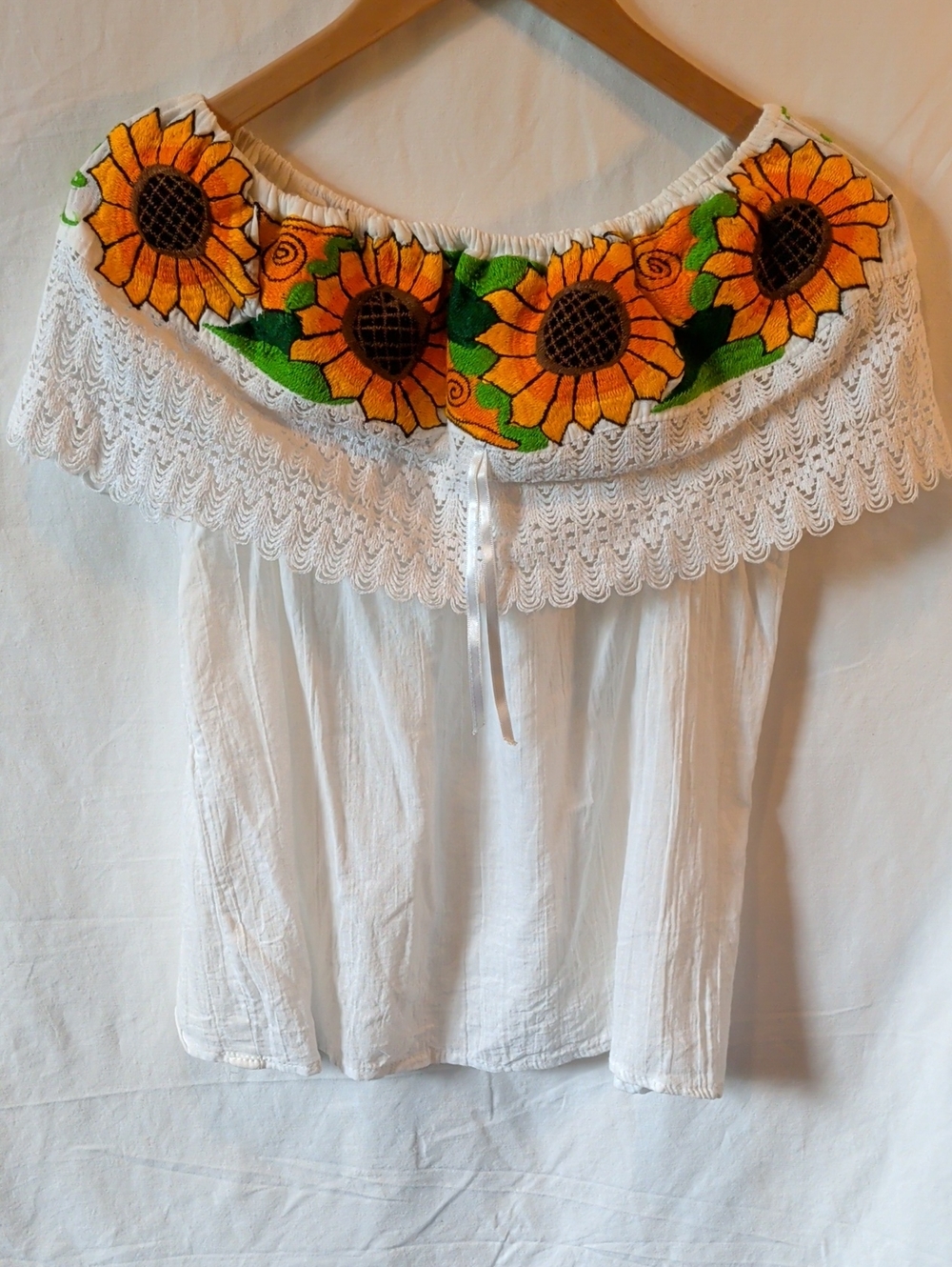 Embroidered Sunflower Off-Shoulder Women’s Top - White